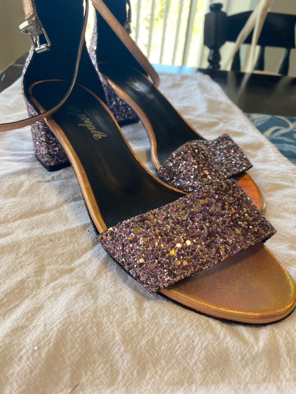 Free People Purple Glitter Ankle-Strap Block Heels